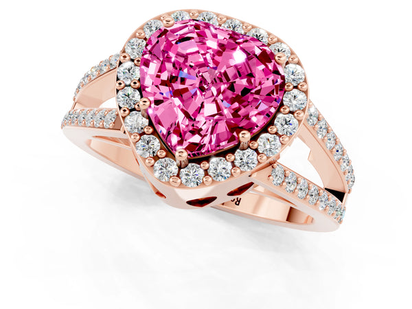 Rose gold Heart Cut Pink Sapphire Halo Ring with Split Shank U-Prong Band and Four-Prong Setting