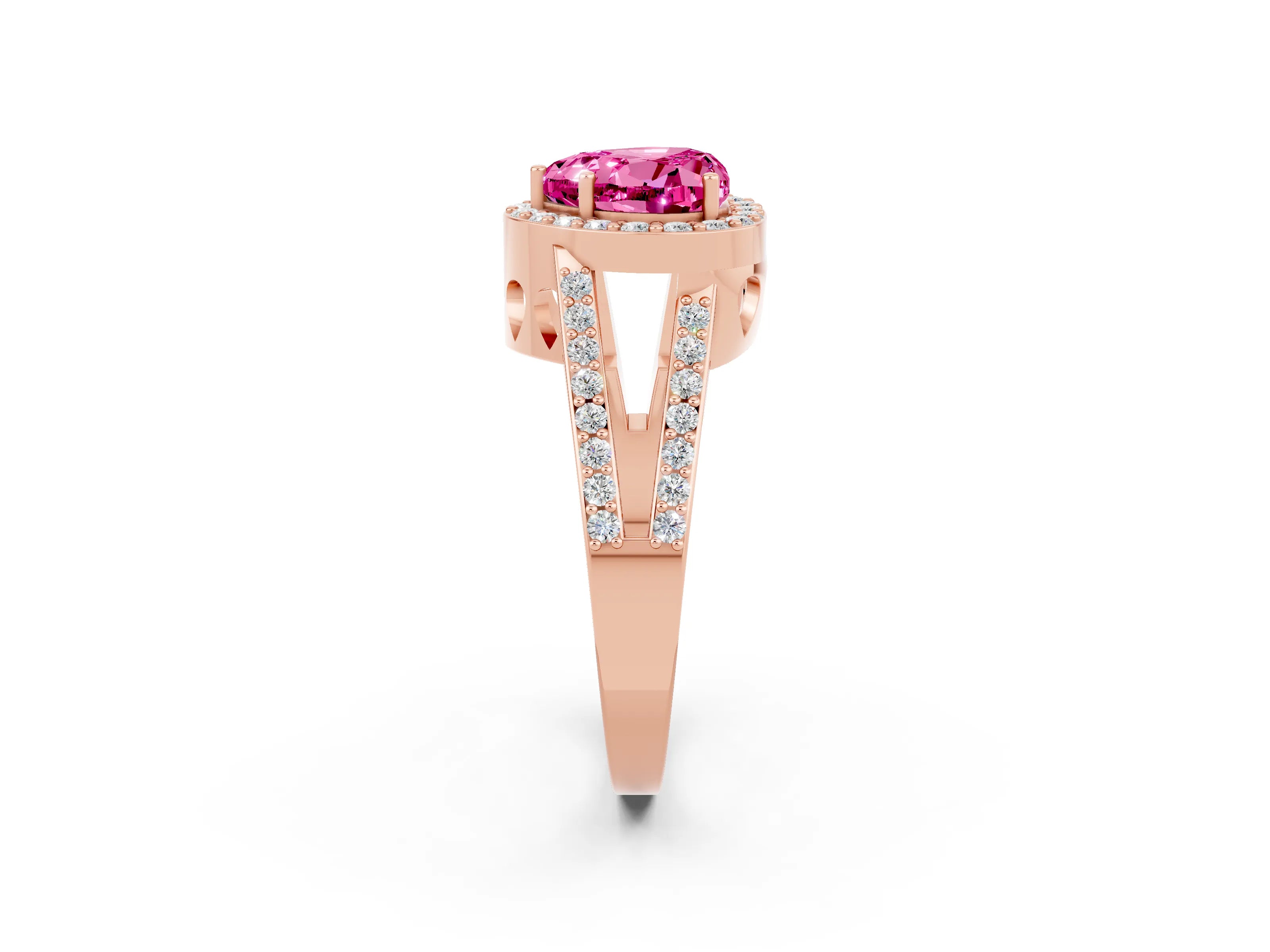 Rose gold Heart Cut Pink Sapphire Halo Ring with Split Shank U-Prong Band and Four-Prong Setting_2