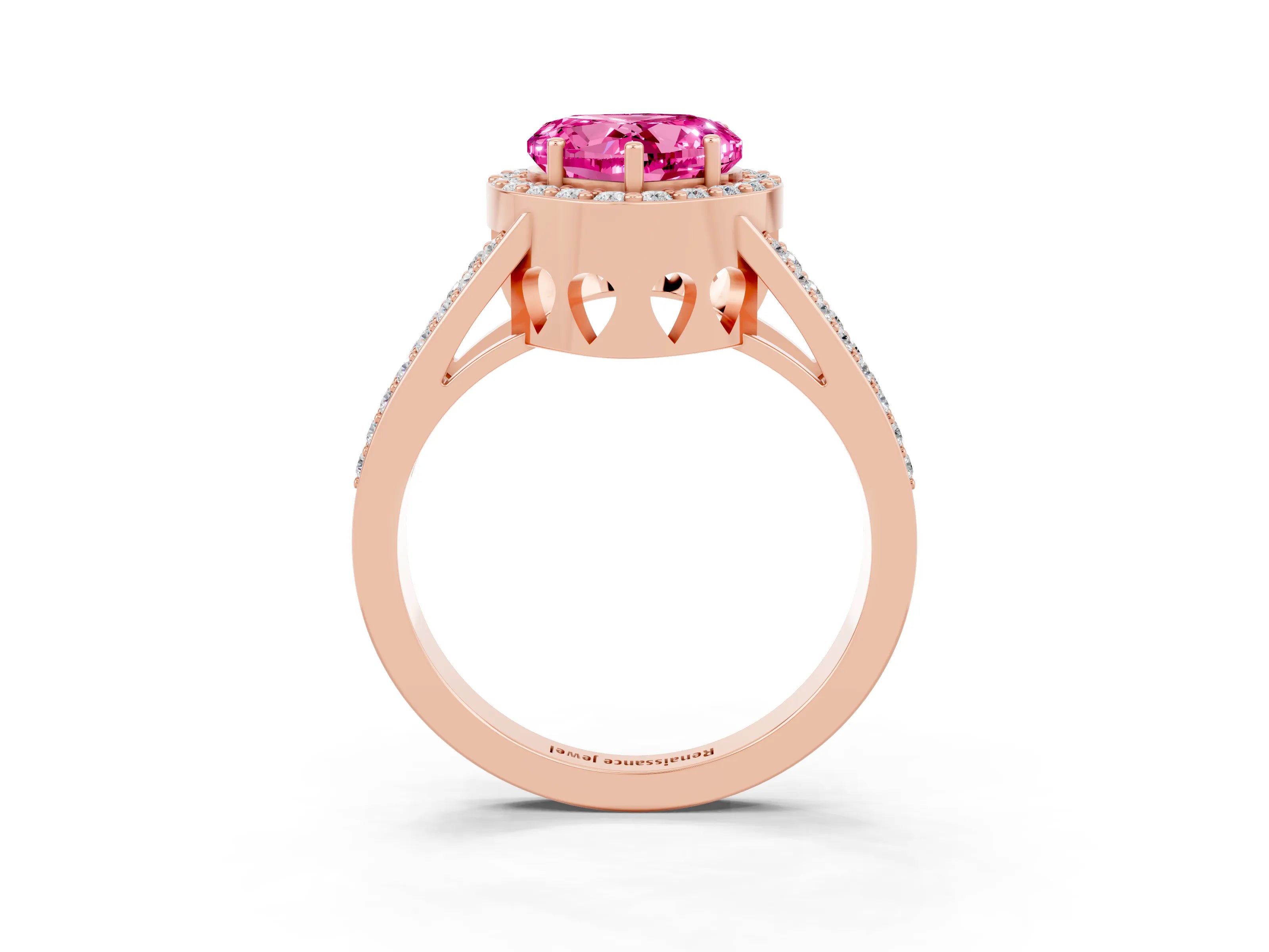 Rose gold Heart Cut Pink Sapphire Halo Ring with Split Shank U-Prong Band and Four-Prong Setting_3
