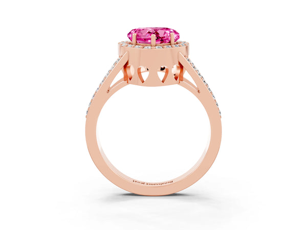 Rose gold Heart Cut Pink Sapphire Halo Ring with Split Shank U-Prong Band and Four-Prong Setting