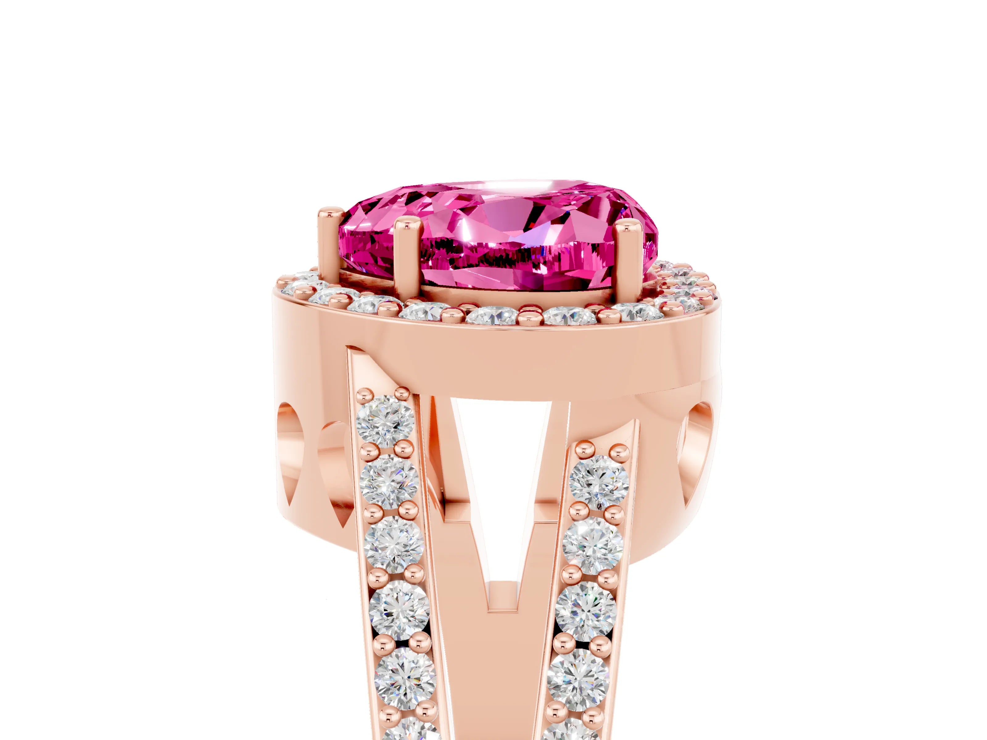 Rose gold Heart Cut Pink Sapphire Halo Ring with Split Shank U-Prong Band and Four-Prong Setting_5