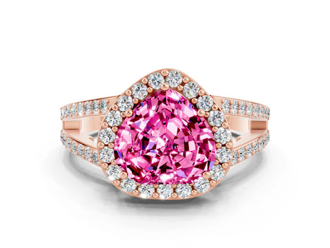 Rose gold Heart Cut Pink Sapphire Halo Ring with Split Shank U-Prong Band and Four-Prong Setting