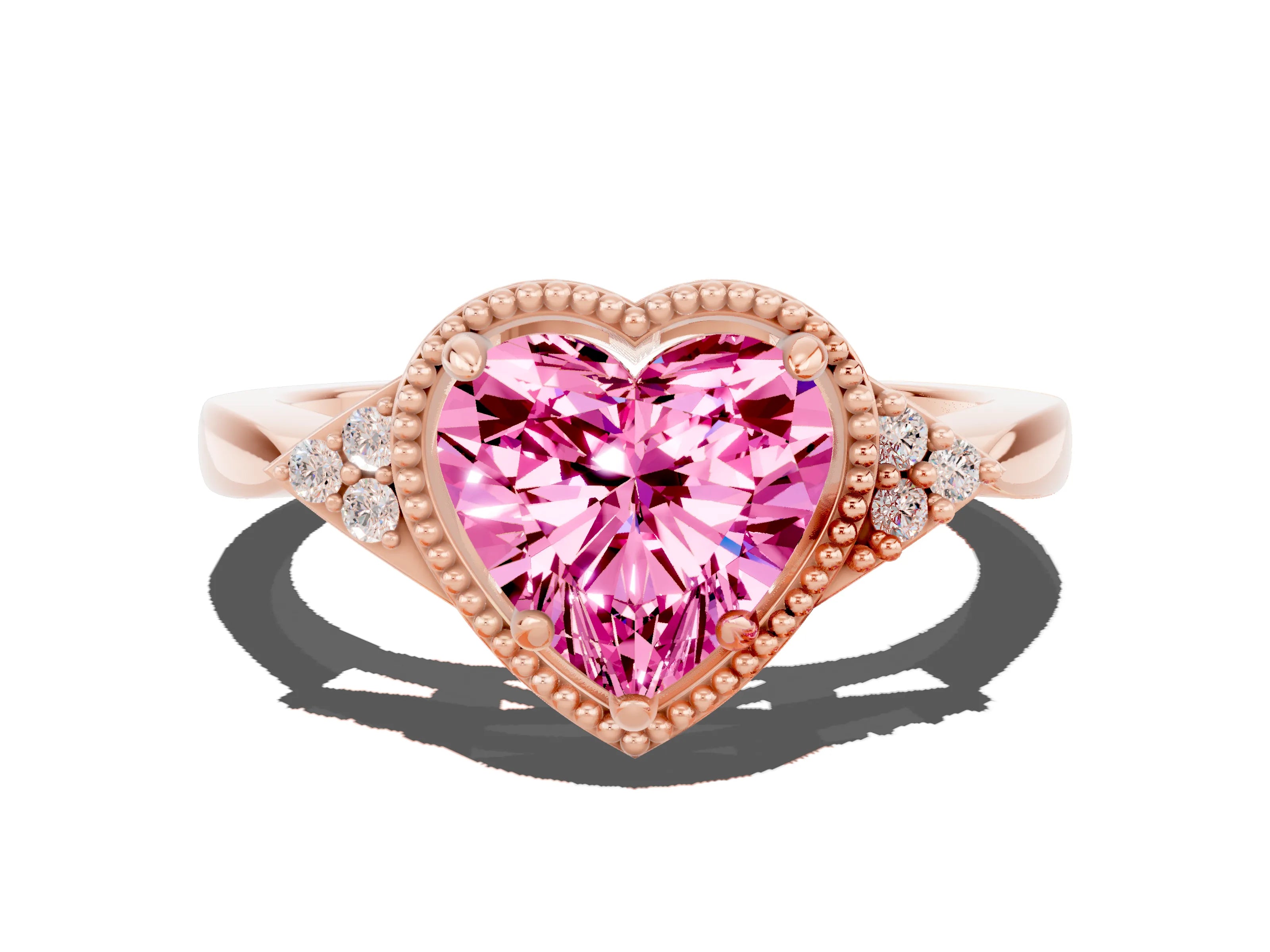 Rose gold Heart Cut Pink Sapphire Halo Ring with Tapered Band and Four-Prong Setting