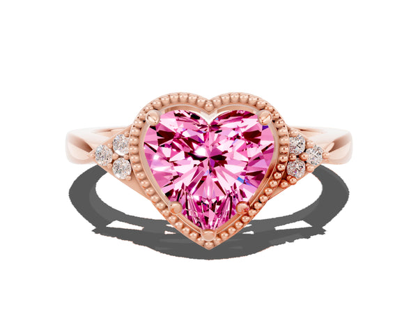 Rose gold Heart Cut Pink Sapphire Halo Ring with Tapered Band and Four-Prong Setting
