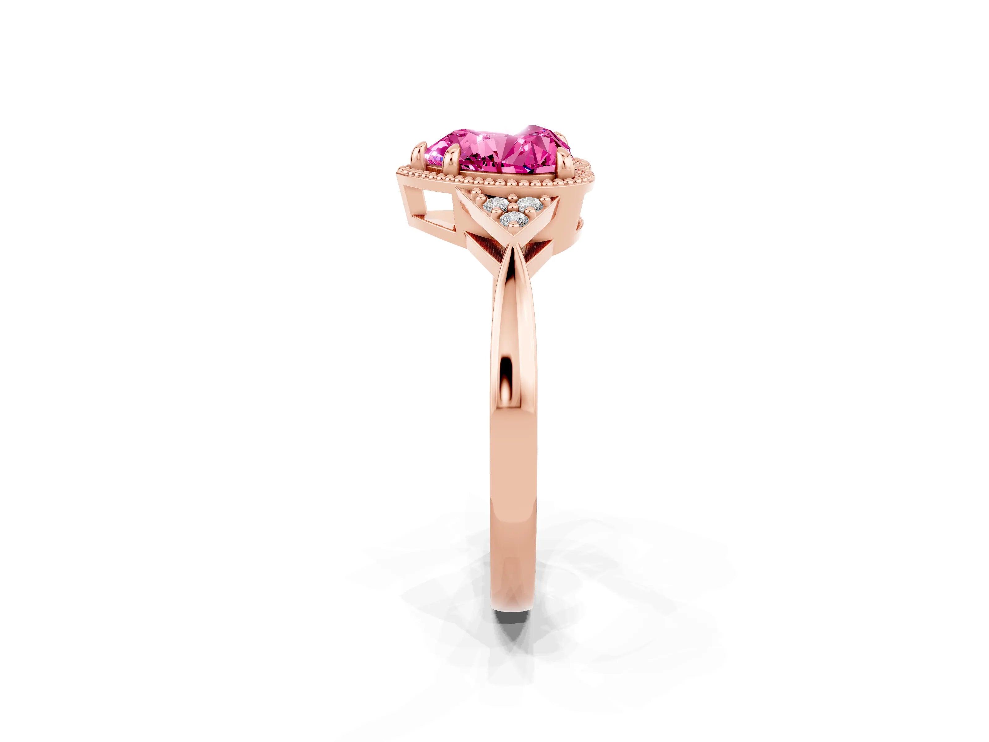 Rose gold Heart Cut Pink Sapphire Halo Ring with Tapered Band and Four-Prong Setting_2