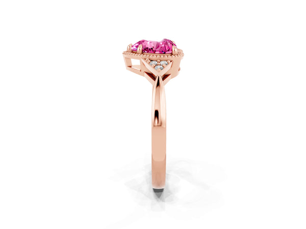 Rose gold Heart Cut Pink Sapphire Halo Ring with Tapered Band and Four-Prong Setting
