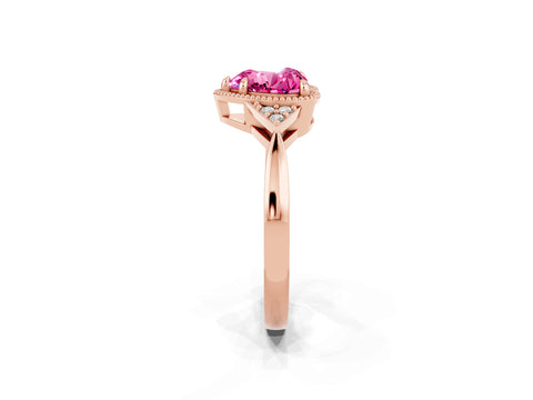 Rose gold Heart Cut Pink Sapphire Halo Ring with Tapered Band and Four-Prong Setting_2