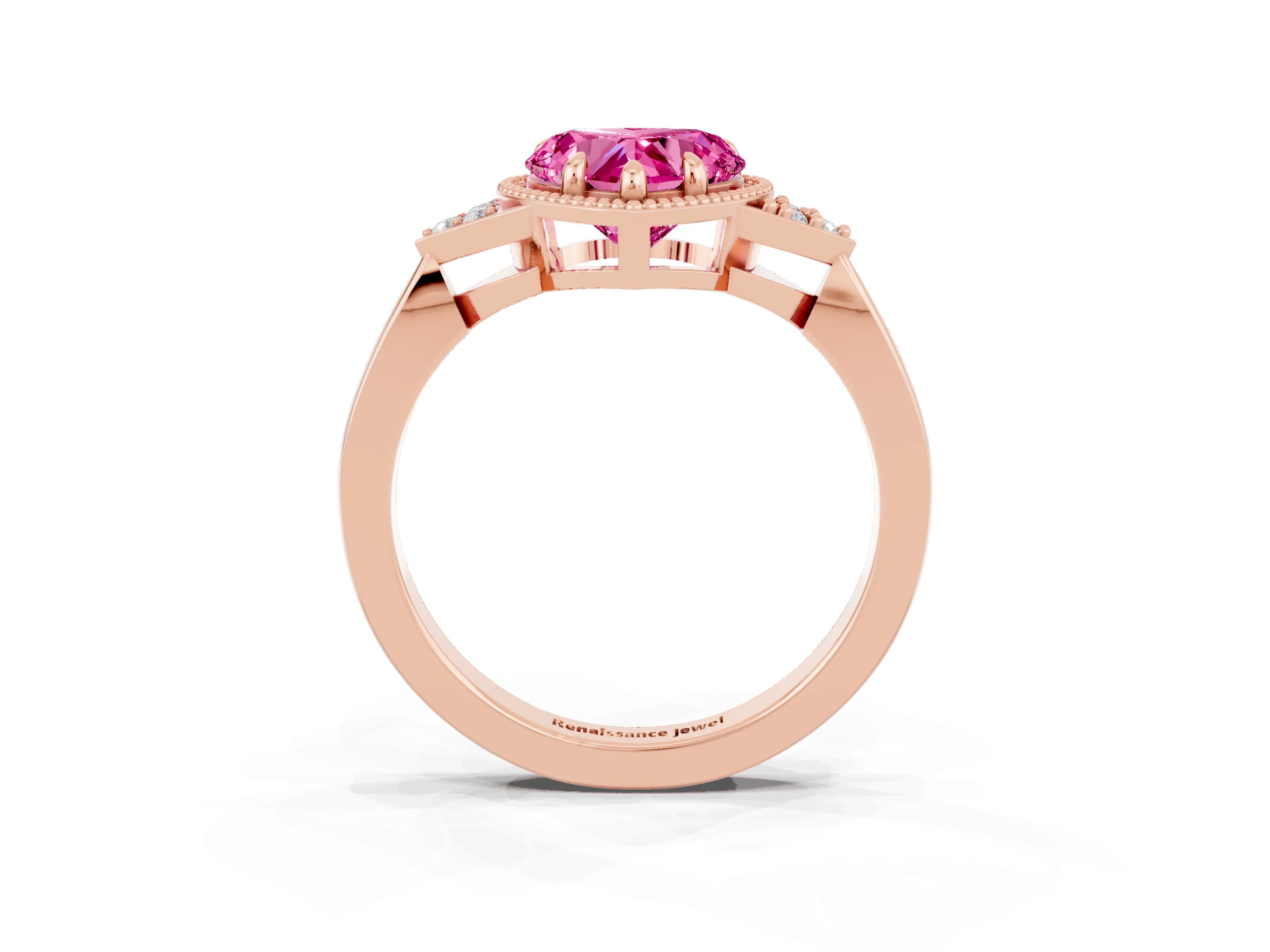 Rose gold Heart Cut Pink Sapphire Halo Ring with Tapered Band and Four-Prong Setting_3