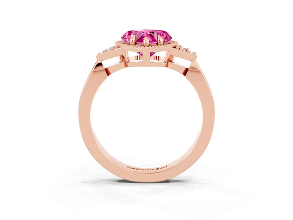 Rose gold Heart Cut Pink Sapphire Halo Ring with Tapered Band and Four-Prong Setting