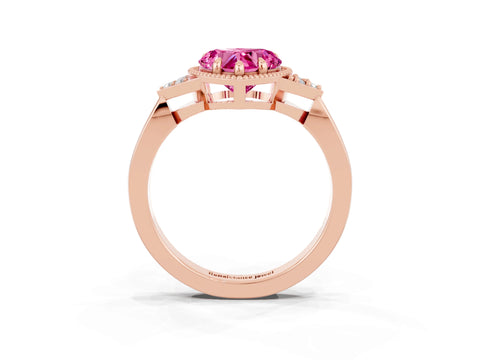 Rose gold Heart Cut Pink Sapphire Halo Ring with Tapered Band and Four-Prong Setting_3