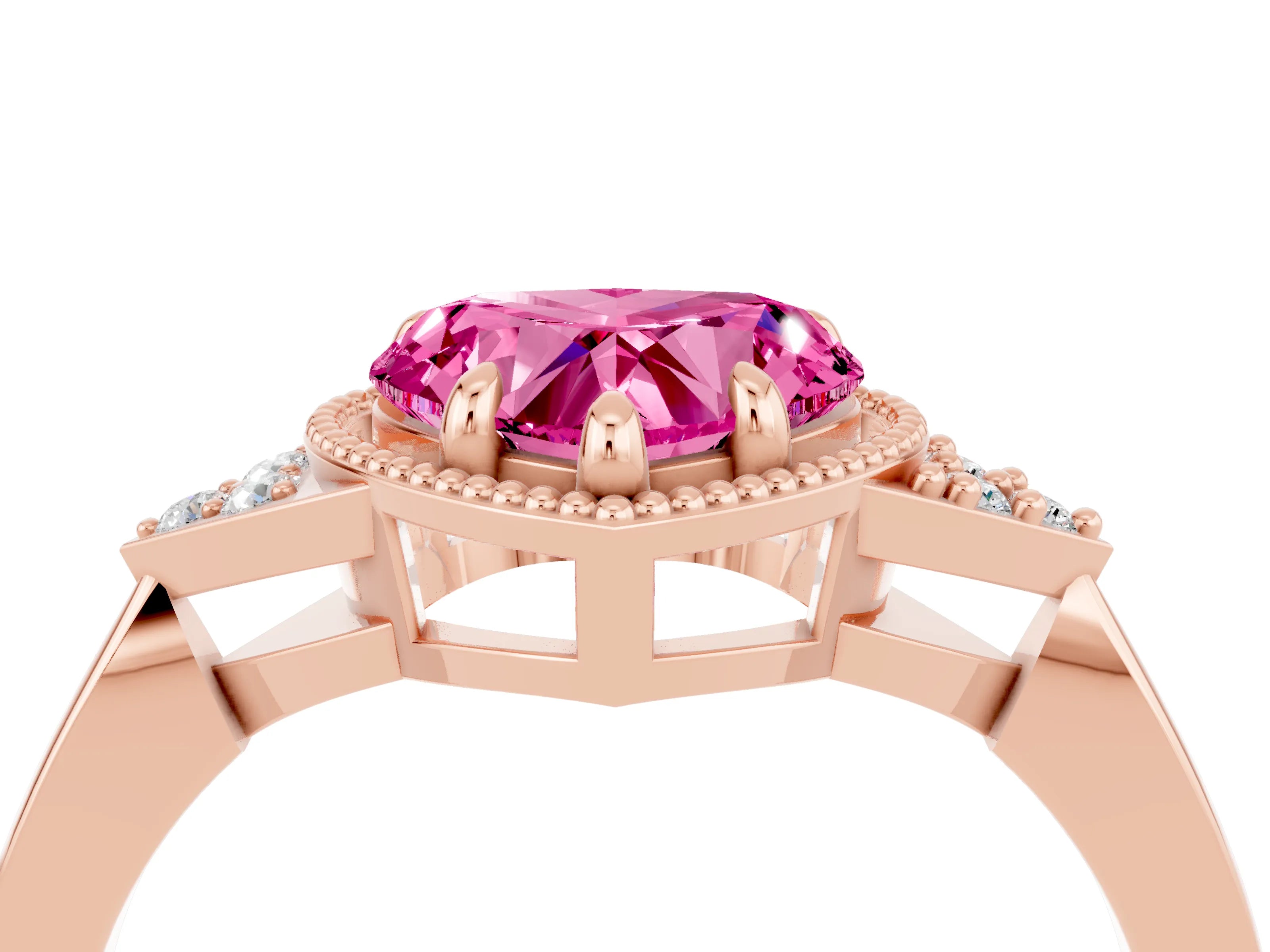 Rose gold Heart Cut Pink Sapphire Halo Ring with Tapered Band and Four-Prong Setting_4