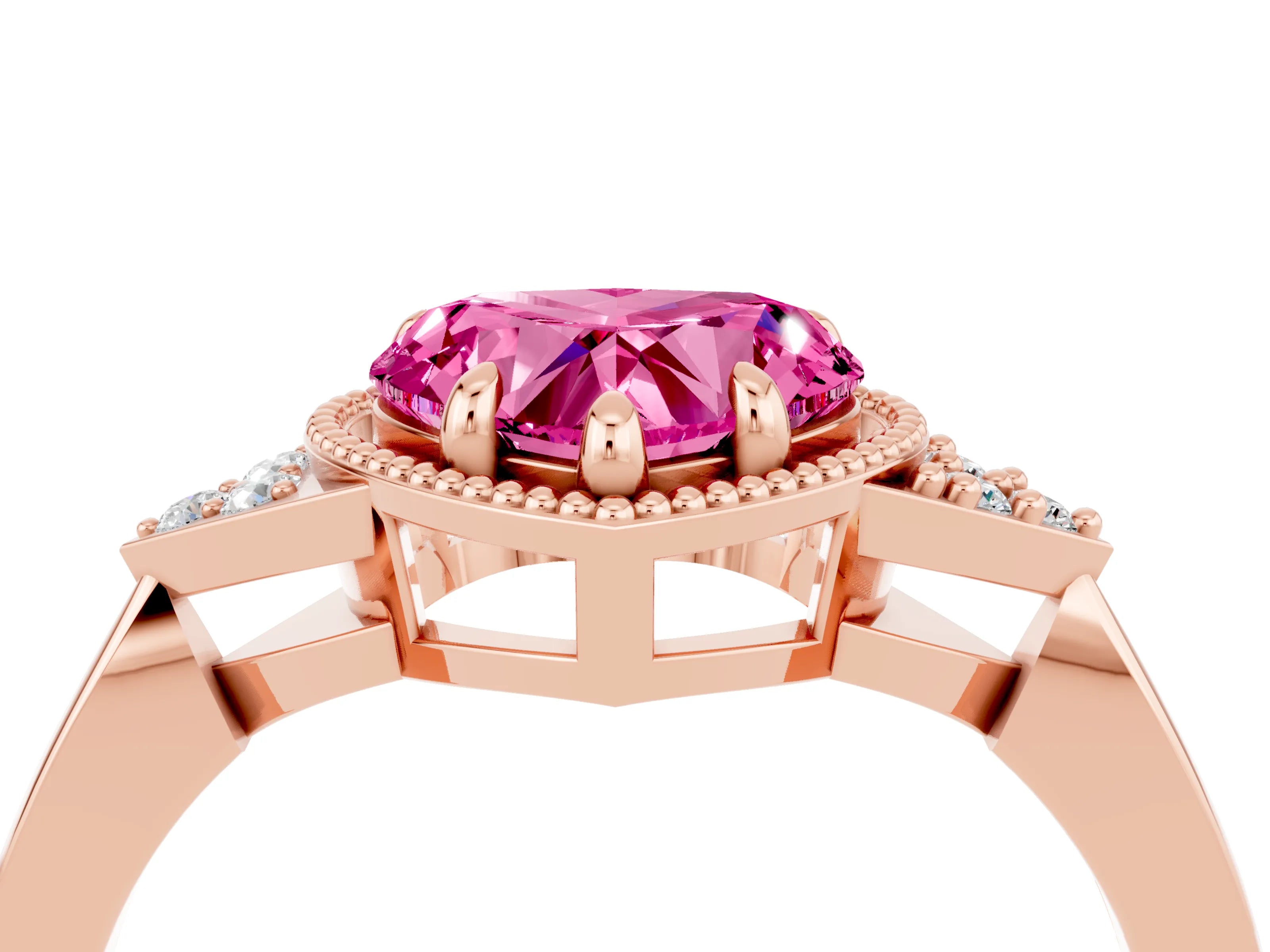 Rose gold Heart Cut Pink Sapphire Halo Ring with Tapered Band and Four-Prong Setting_5