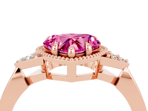 Rose gold Heart Cut Pink Sapphire Halo Ring with Tapered Band and Four-Prong Setting_5