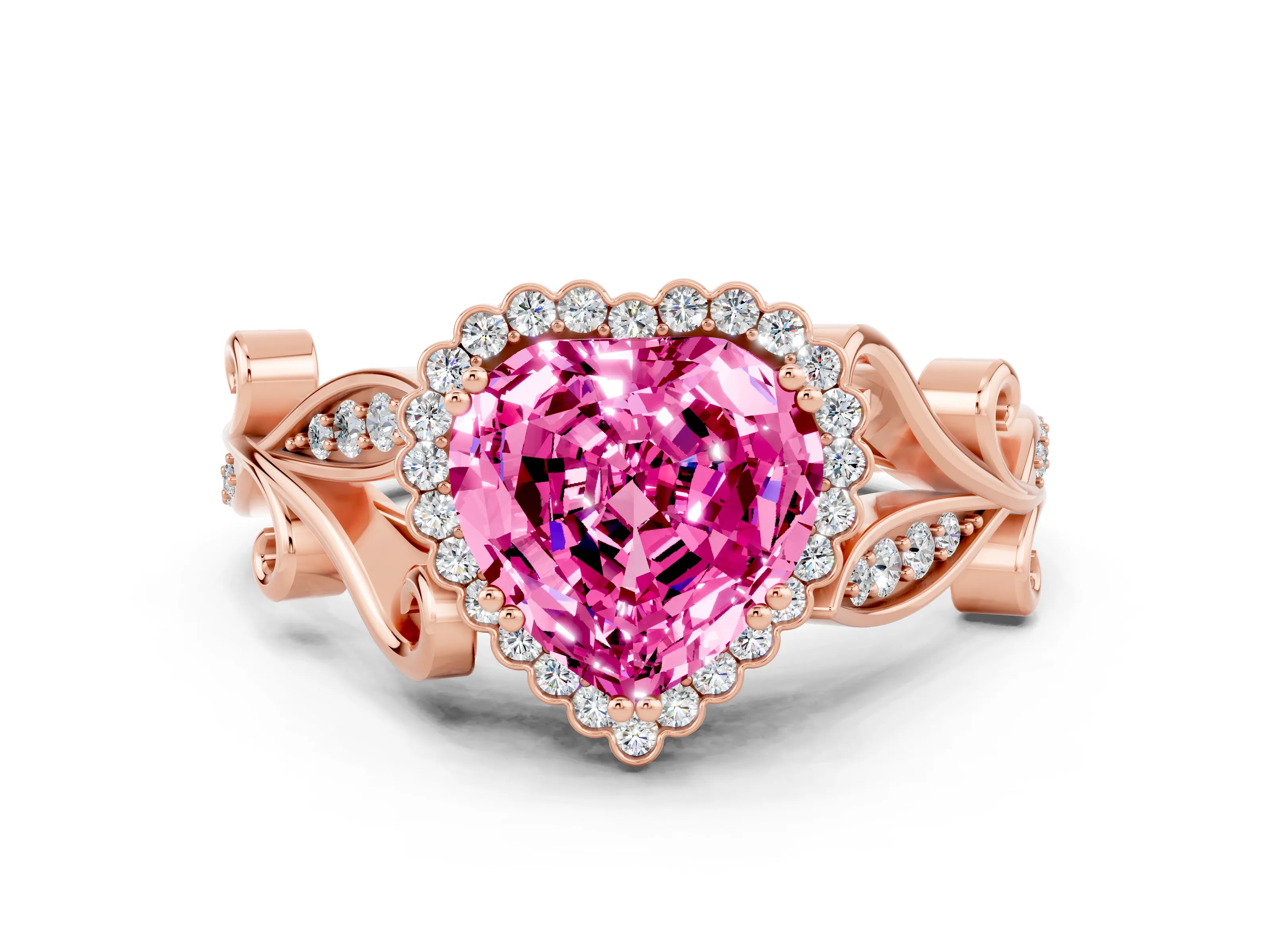 Rose gold Heart Cut Pink Sapphire Halo Ring with Vintage Split Shank and Four-Prong Setting