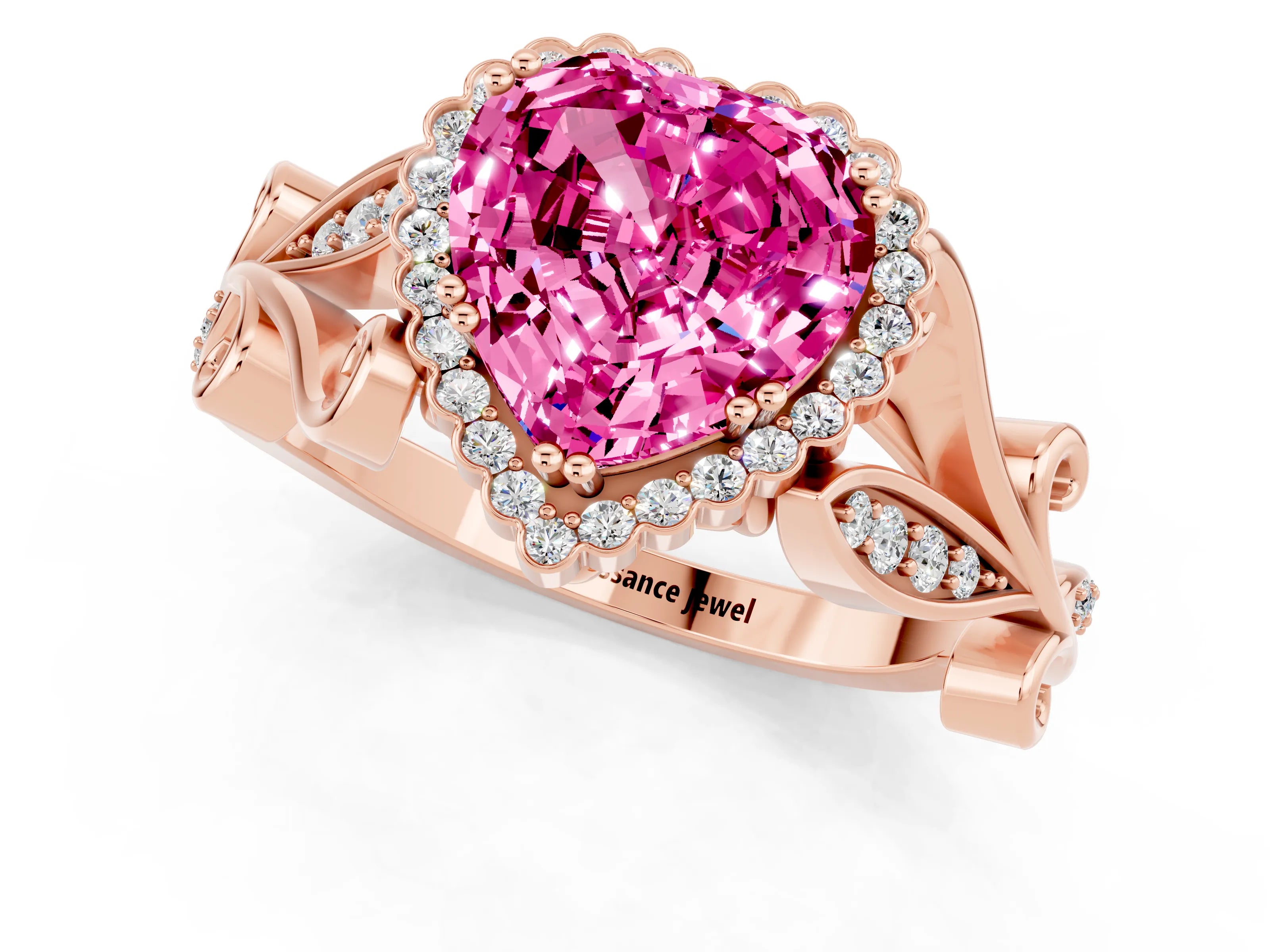 Rose gold Heart Cut Pink Sapphire Halo Ring with Vintage Split Shank and Four-Prong Setting_1