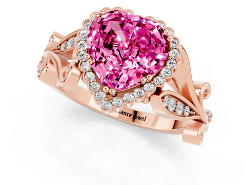 Rose gold Heart Cut Pink Sapphire Halo Ring with Vintage Split Shank and Four-Prong Setting_1