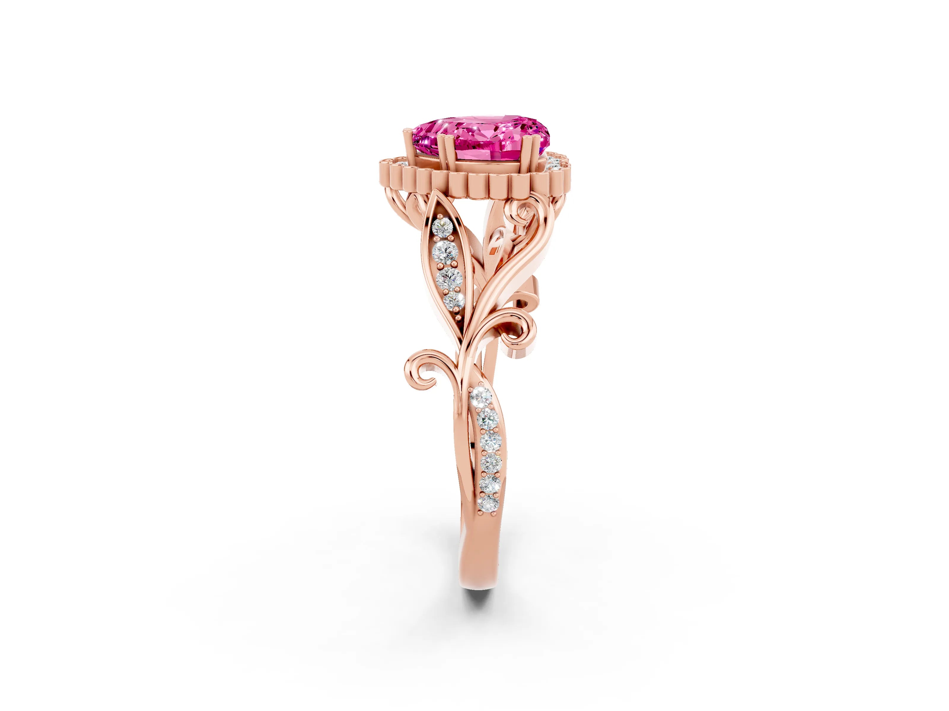Rose gold Heart Cut Pink Sapphire Halo Ring with Vintage Split Shank and Four-Prong Setting_2