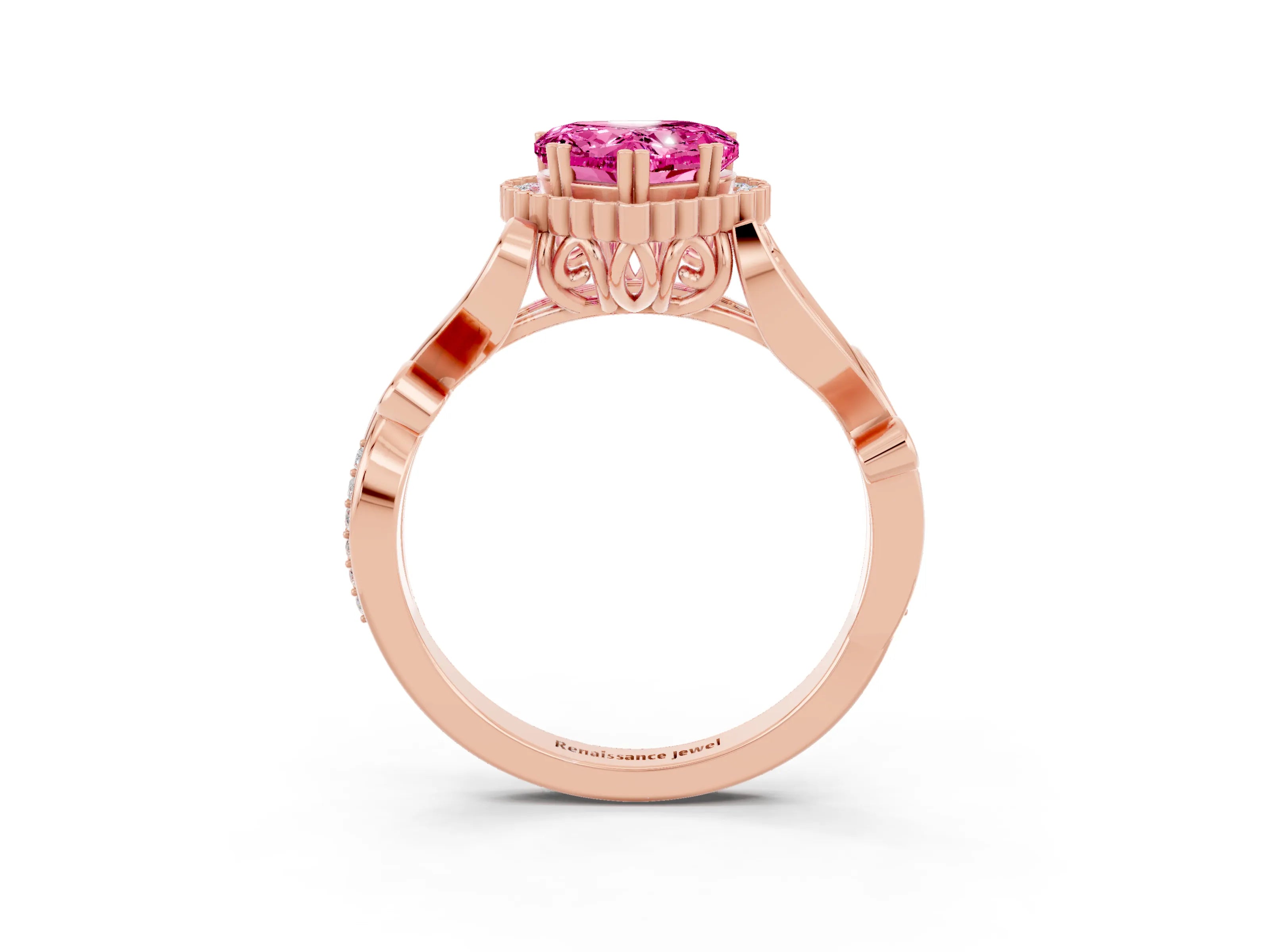Rose gold Heart Cut Pink Sapphire Halo Ring with Vintage Split Shank and Four-Prong Setting_3