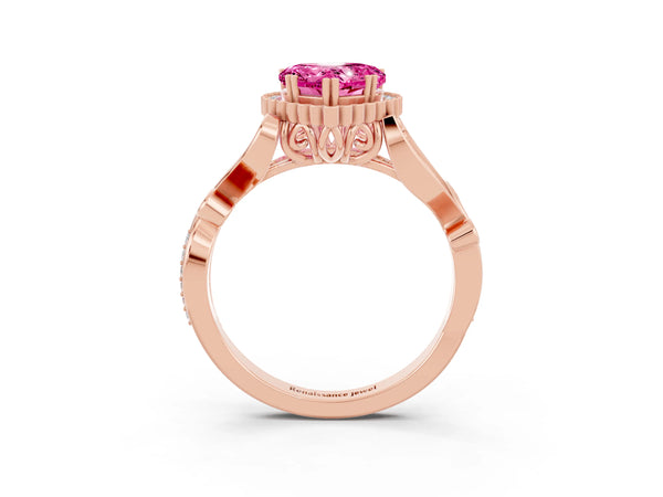 Rose gold Heart Cut Pink Sapphire Halo Ring with Vintage Split Shank and Four-Prong Setting