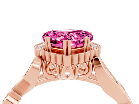 Rose gold Heart Cut Pink Sapphire Halo Ring with Vintage Split Shank and Four-Prong Setting_4