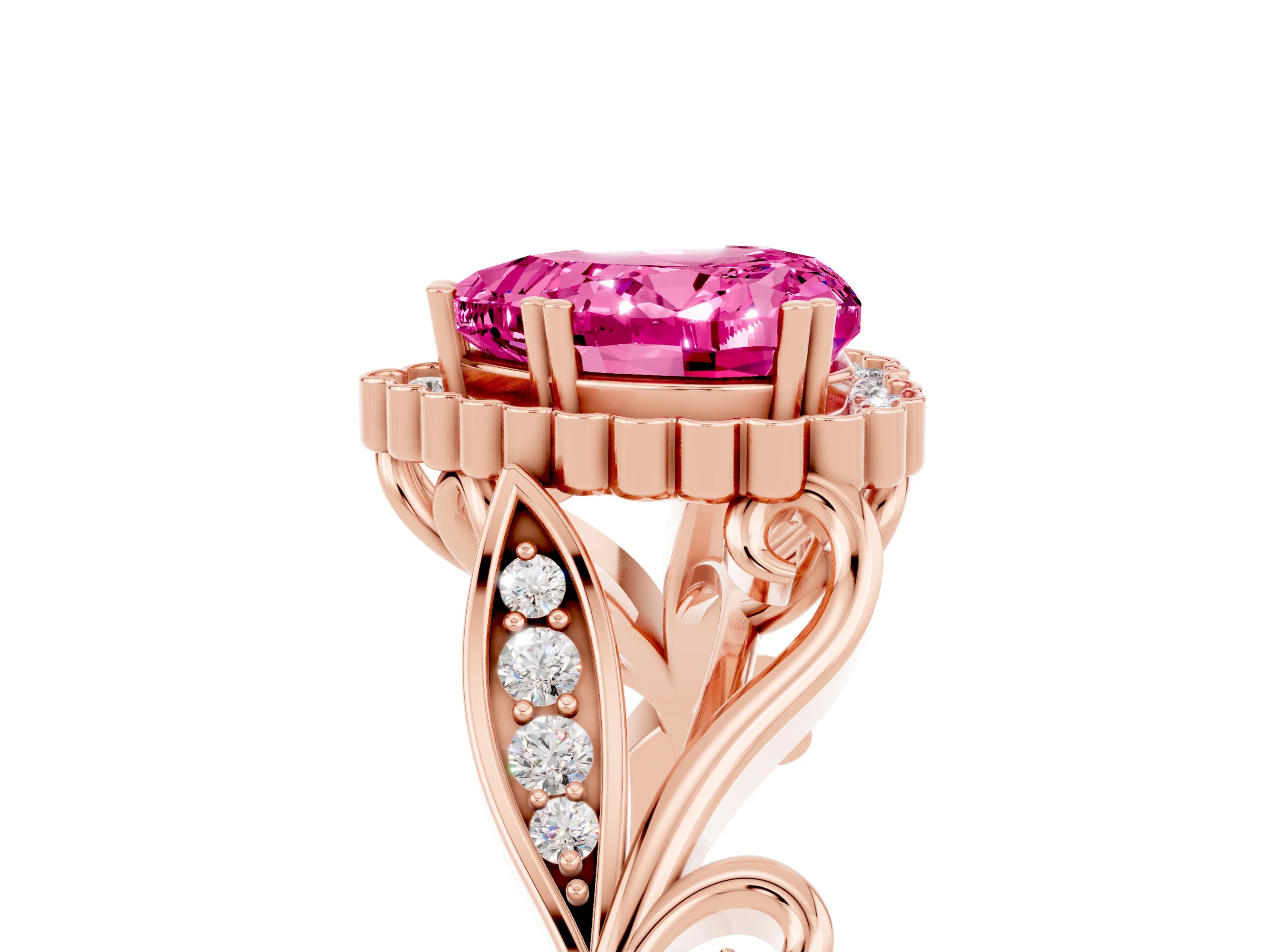 Rose gold Heart Cut Pink Sapphire Halo Ring with Vintage Split Shank and Four-Prong Setting_5