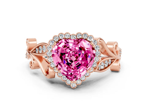 Rose gold Heart Cut Pink Sapphire Halo Ring with Vintage Split Shank and Four-Prong Setting