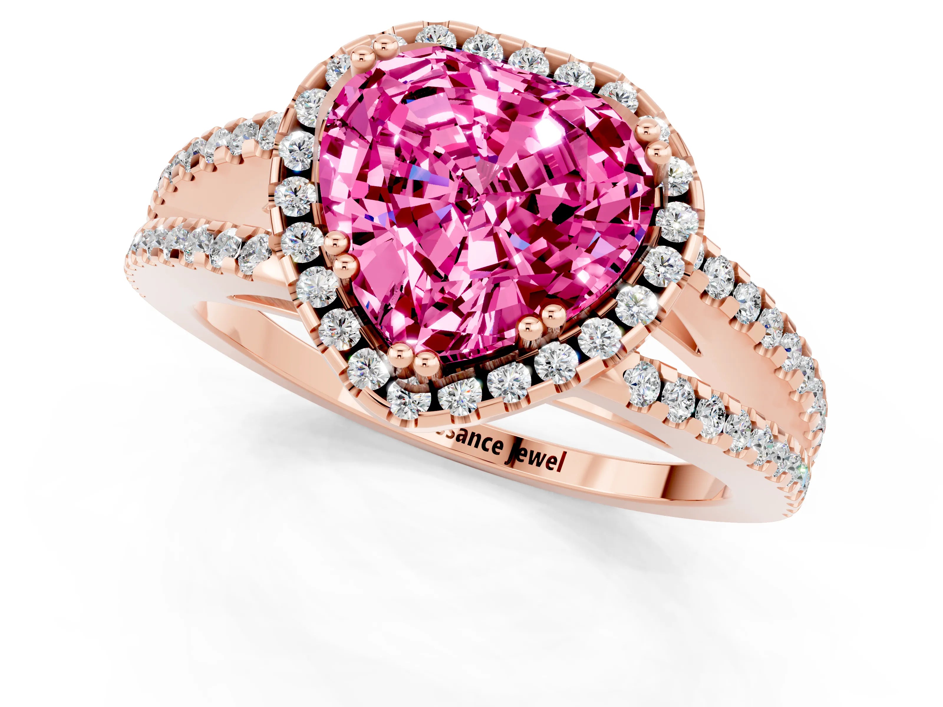 Rose gold Heart Cut Pink Sapphire Halo Split Shank Engagement Ring_13