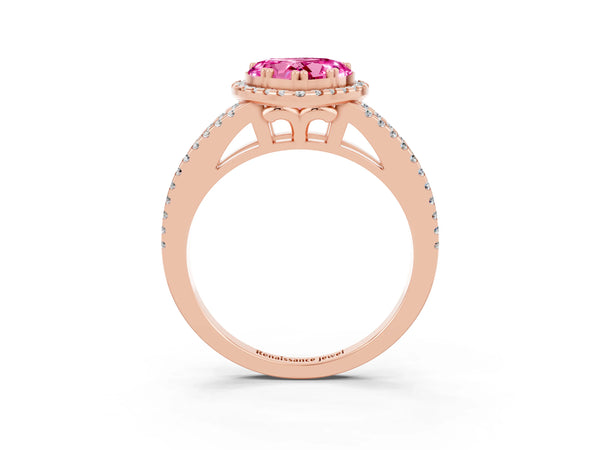 Rose gold Heart Cut Pink Sapphire Halo Split Shank Engagement Ring