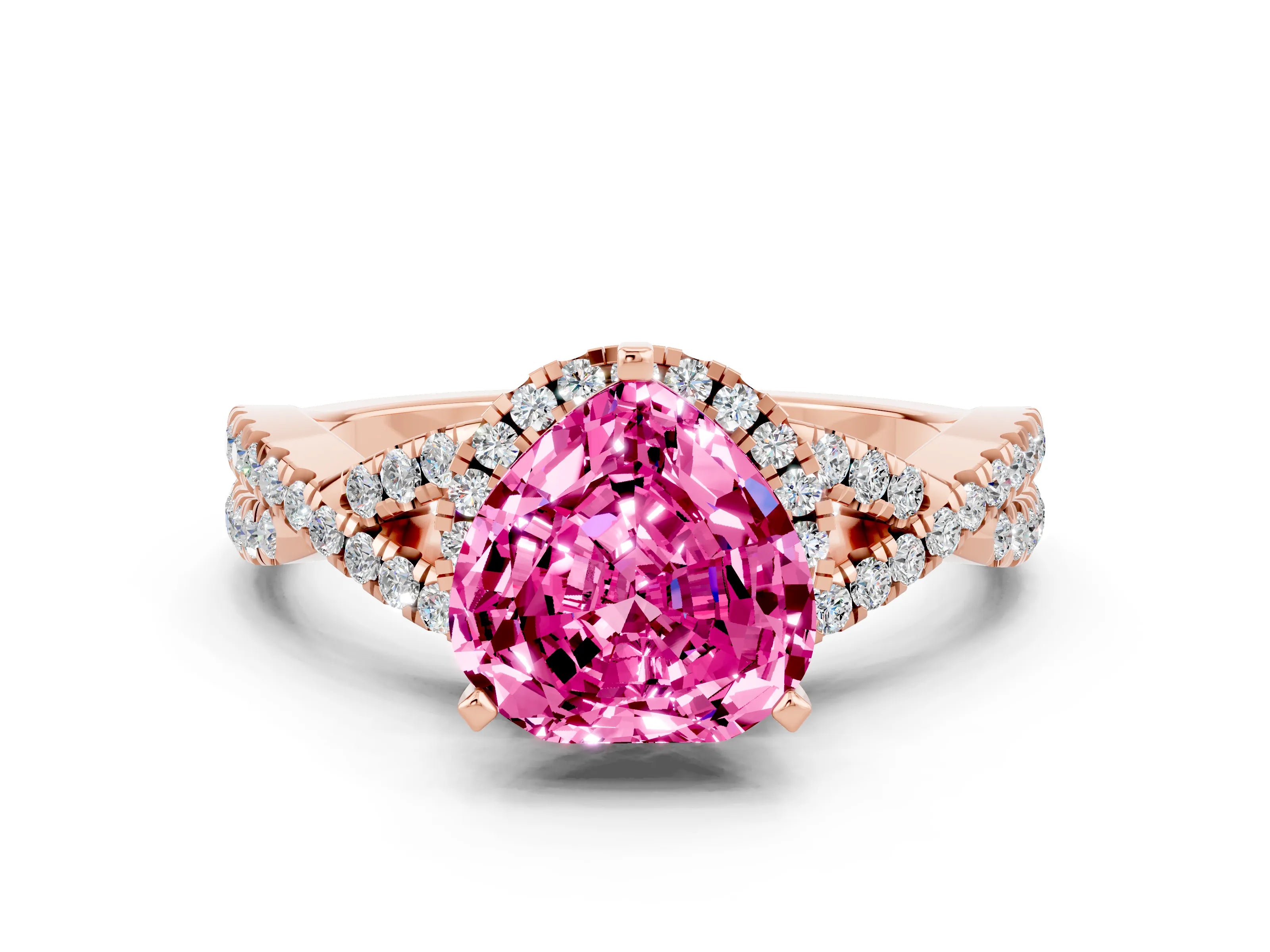 Rose gold Heart Cut Pink Sapphire Halo Twist Band Solitaire Prong Setting Ring_24