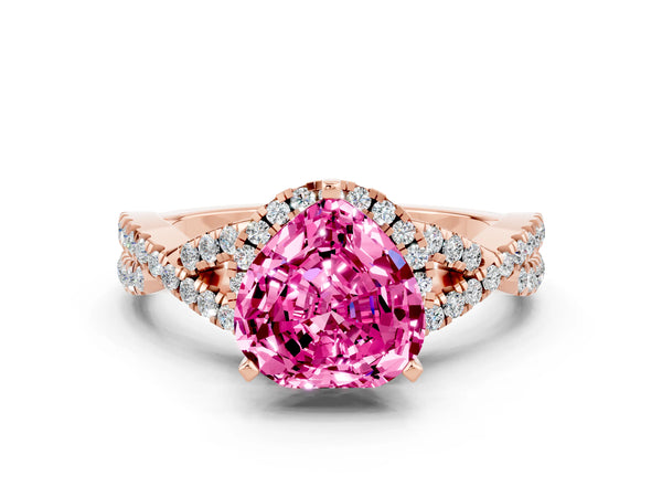 Rose gold Heart Cut Pink Sapphire  Halo Twist Band Solitaire Prong Setting Ring