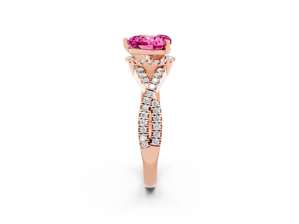Rose gold Heart Cut Pink Sapphire  Halo Twist Band Solitaire Prong Setting Ring