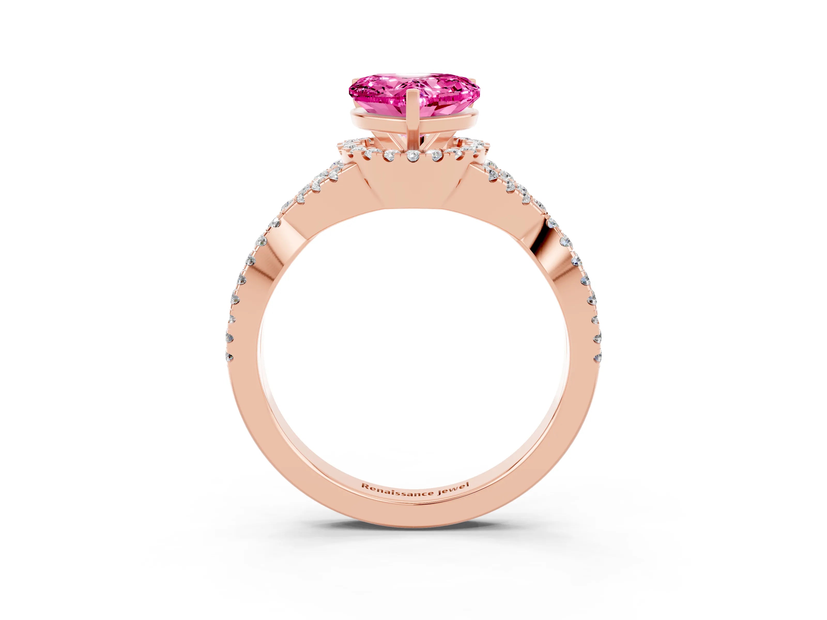Rose gold Heart Cut Pink Sapphire Halo Twist Band Solitaire Prong Setting Ring_27