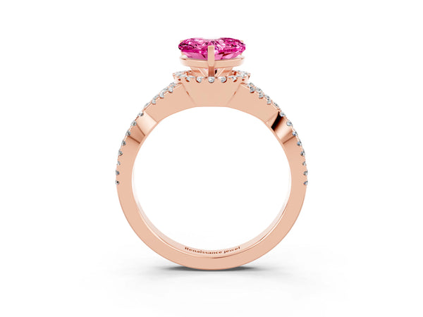 Rose gold Heart Cut Pink Sapphire  Halo Twist Band Solitaire Prong Setting Ring