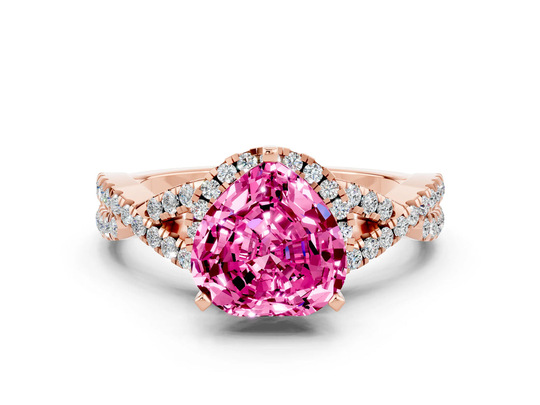 Rose gold Heart Cut Pink Sapphire  Halo Twist Band Solitaire Prong Setting Ring_36