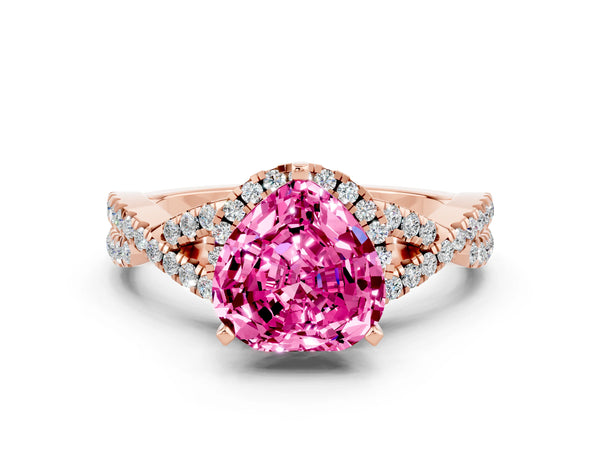 Rose gold Heart Cut Pink Sapphire  Halo Twist Band Solitaire Prong Setting Ring