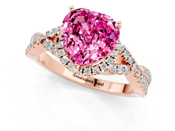 Rose gold Heart Cut Pink Sapphire  Halo Twist Band Solitaire Prong Setting Ring