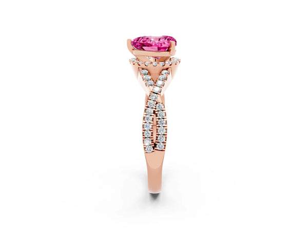 Rose gold Heart Cut Pink Sapphire  Halo Twist Band Solitaire Prong Setting Ring