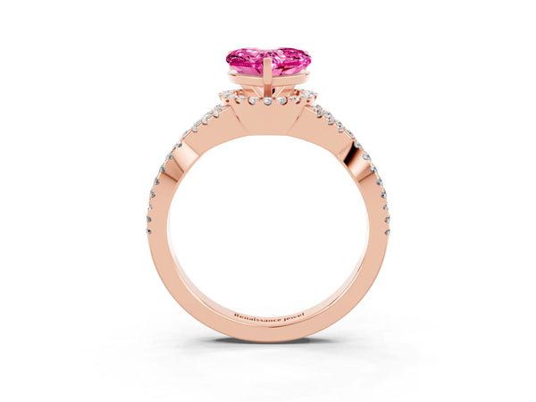 Rose gold Heart Cut Pink Sapphire  Halo Twist Band Solitaire Prong Setting Ring
