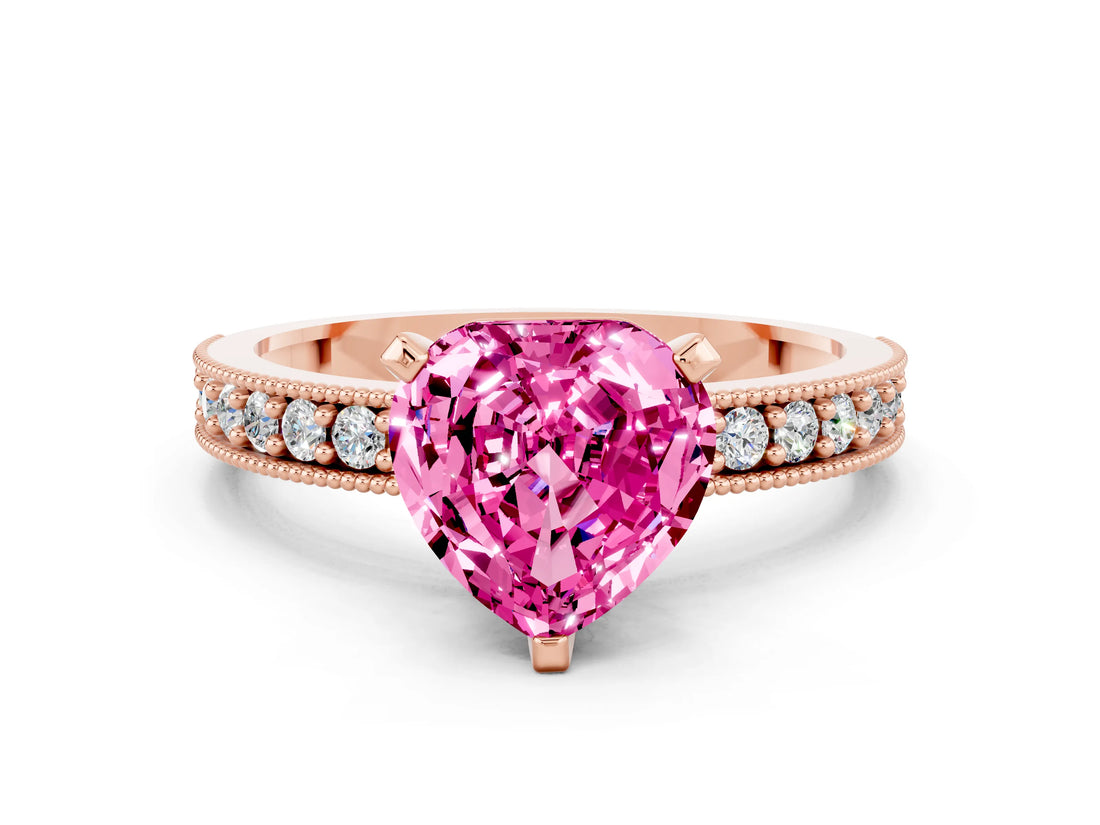 Rose gold Heart Cut Pink Sapphire Milgrain Pavé Engagement Ring with Four-Prong Setting_36