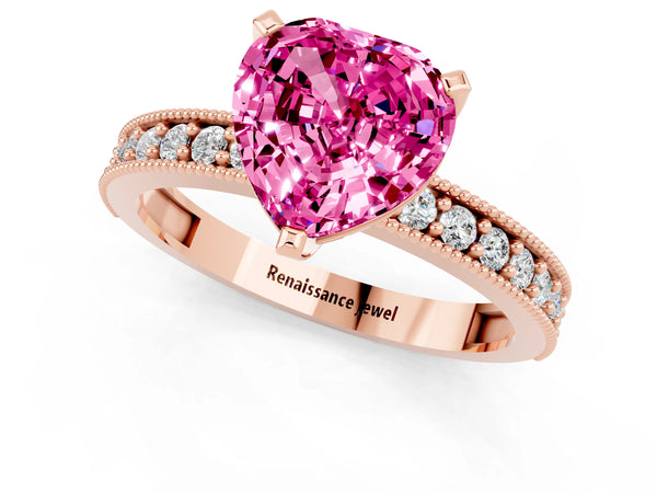 Rose gold Heart Cut Pink Sapphire Milgrain Pavé Engagement Ring with Four-Prong Setting