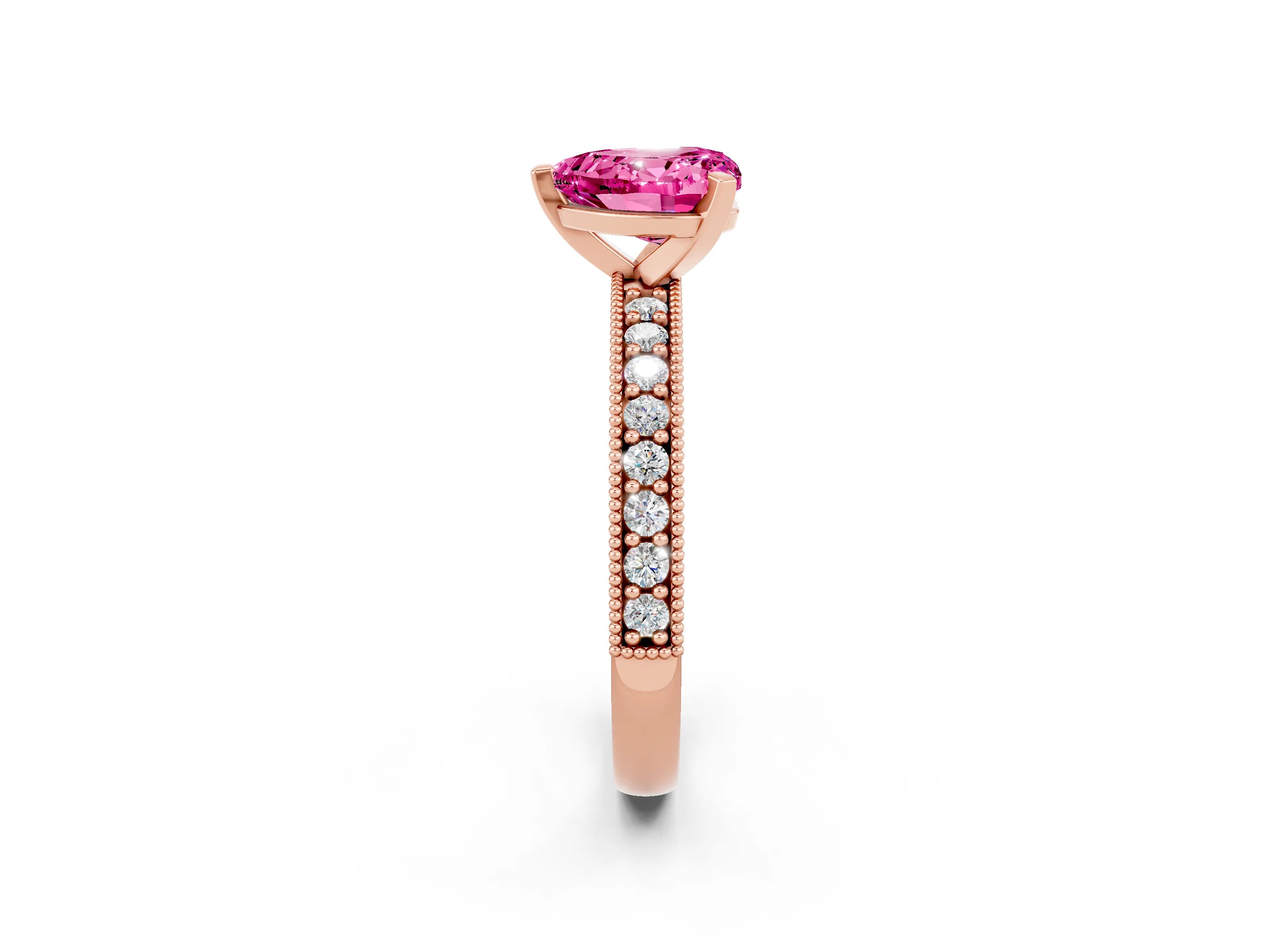 Rose gold Heart Cut Pink Sapphire Milgrain Pavé Engagement Ring with Four-Prong Setting_38