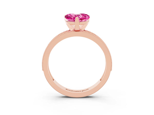 Rose gold Heart Cut Pink Sapphire Milgrain Pavé Engagement Ring with Four-Prong Setting