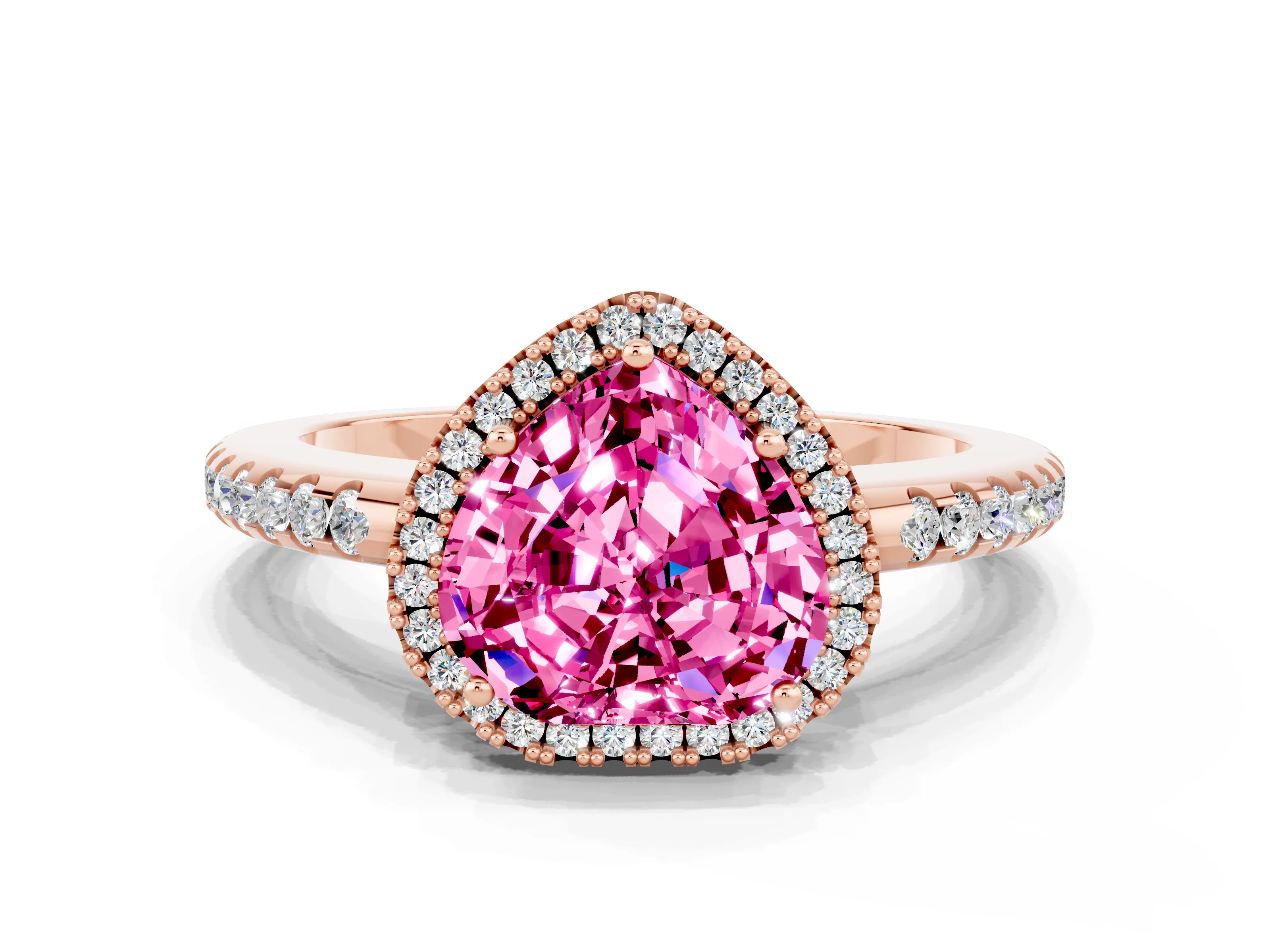 Rose gold Heart Cut Pink Sapphire Pavé Halo Ring with Four-Prong Setting_10