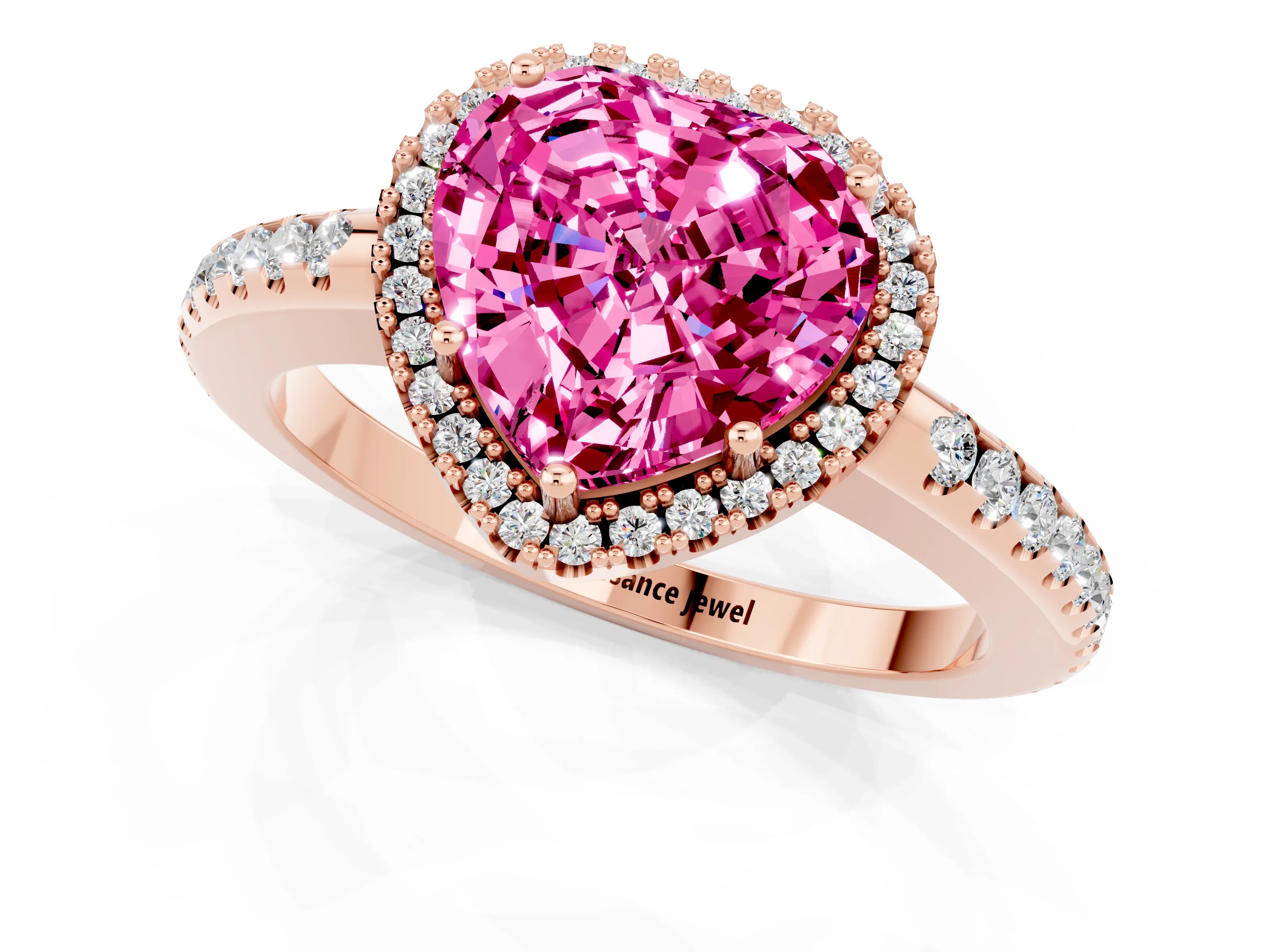 Rose gold Heart Cut Pink Sapphire Pavé Halo Ring with Four-Prong Setting_11