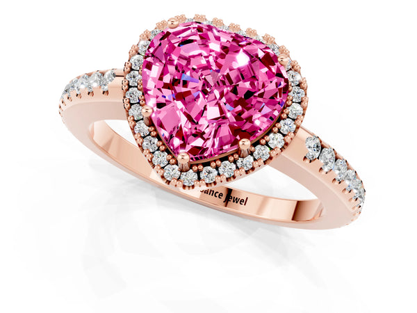 Rose gold Heart Cut Pink Sapphire Pavé Halo Ring with Four-Prong Setting
