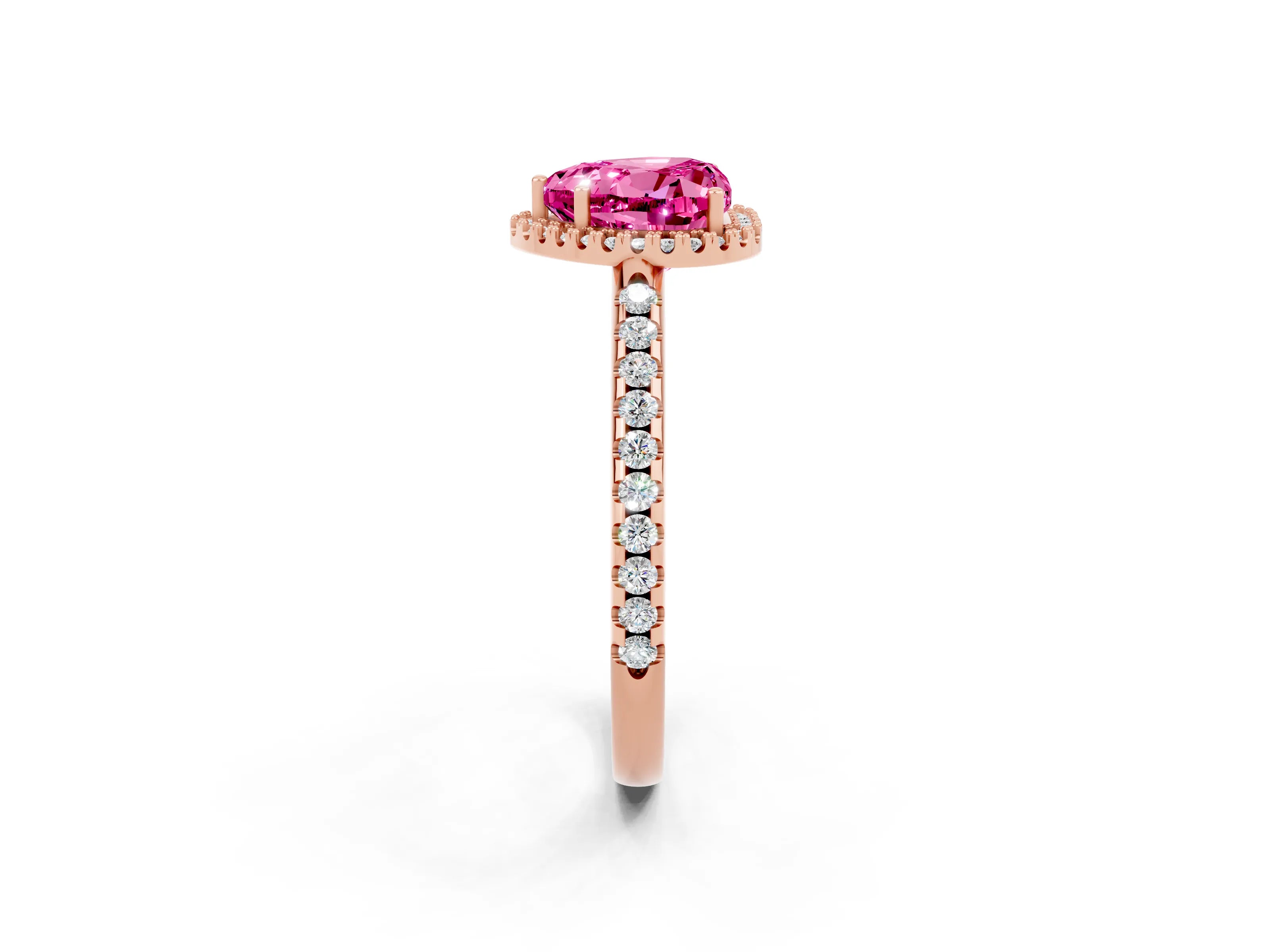 Rose gold Heart Cut Pink Sapphire Pavé Halo Ring with Four-Prong Setting_12