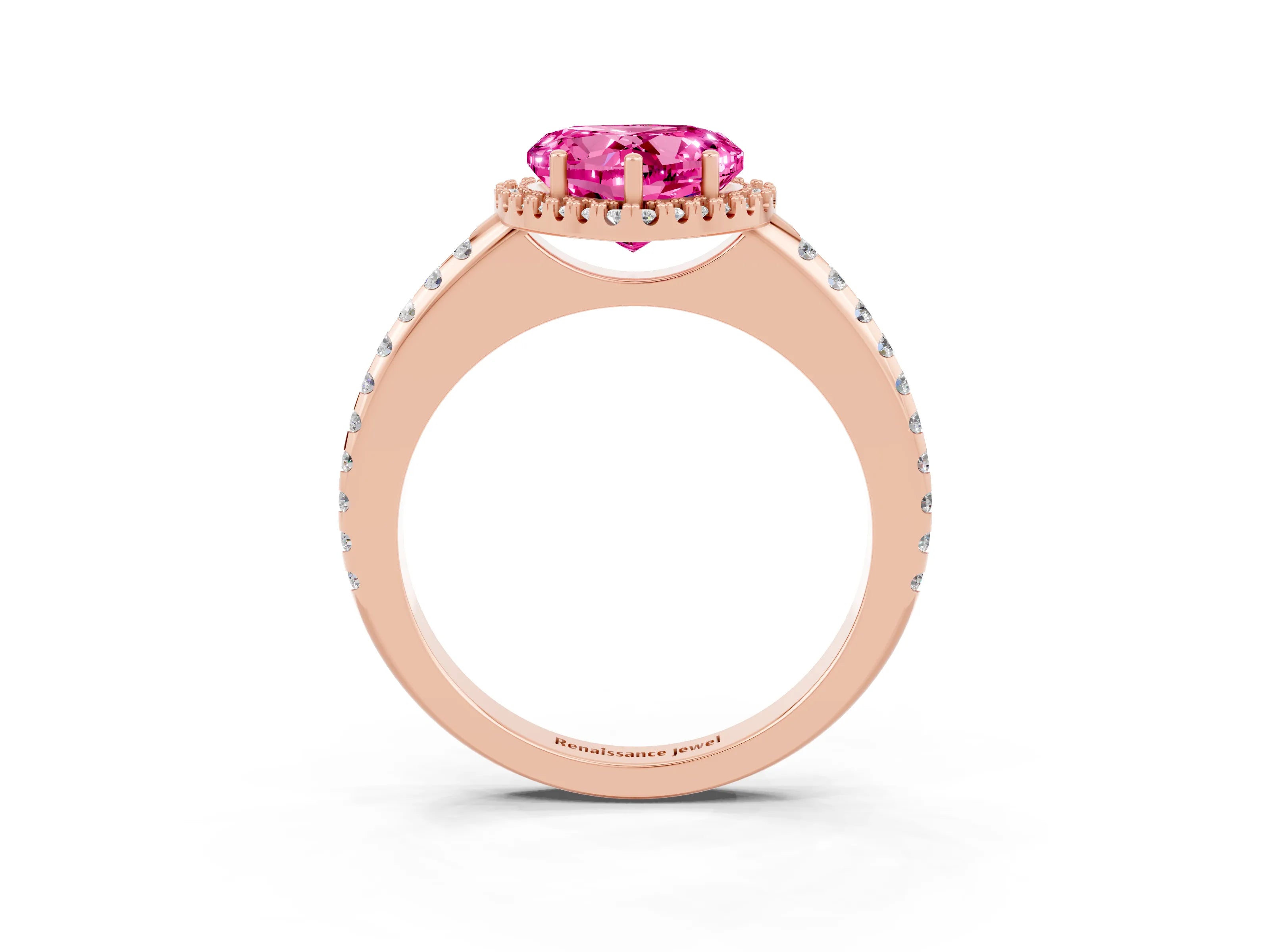 Rose gold Heart Cut Pink Sapphire Pavé Halo Ring with Four-Prong Setting_13