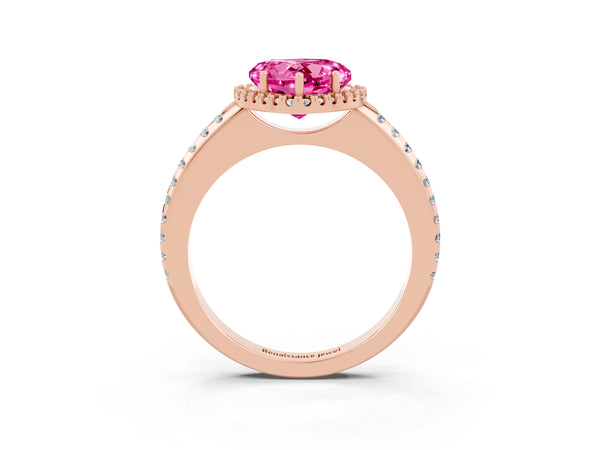 Rose gold Heart Cut Pink Sapphire Pavé Halo Ring with Four-Prong Setting