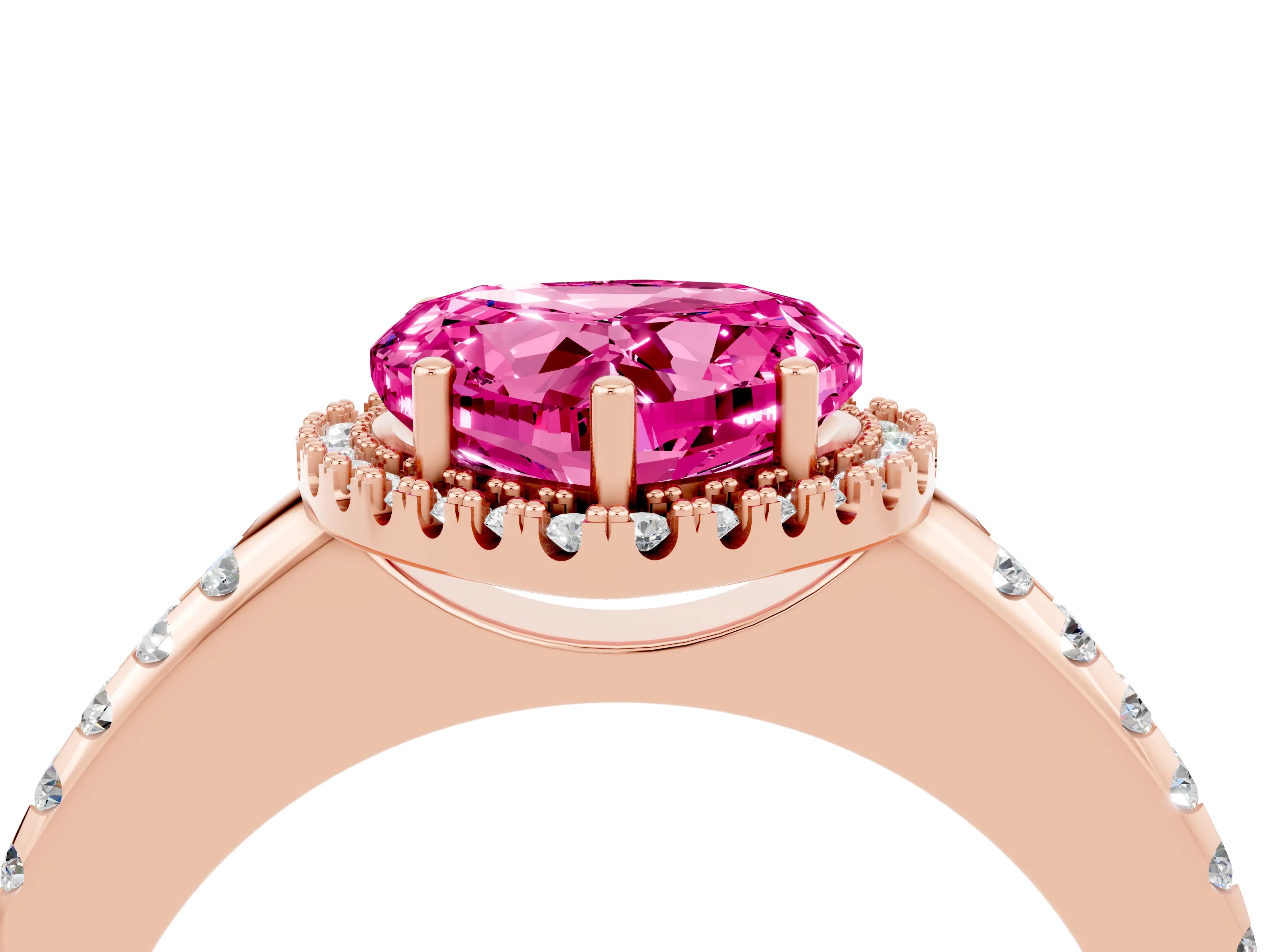Rose gold Heart Cut Pink Sapphire Pavé Halo Ring with Four-Prong Setting_14