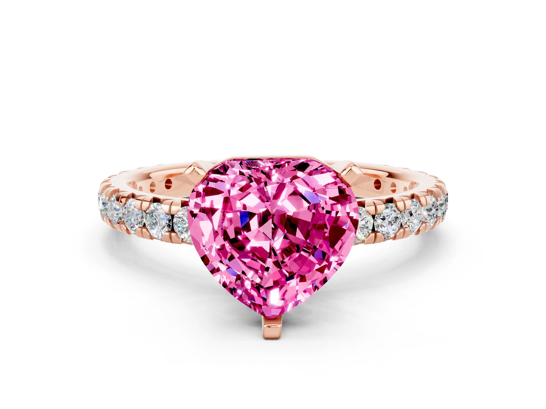 Rose gold Heart Cut Pink Sapphire Pavé Solitaire Ring with Round Band and Prong Setting_12